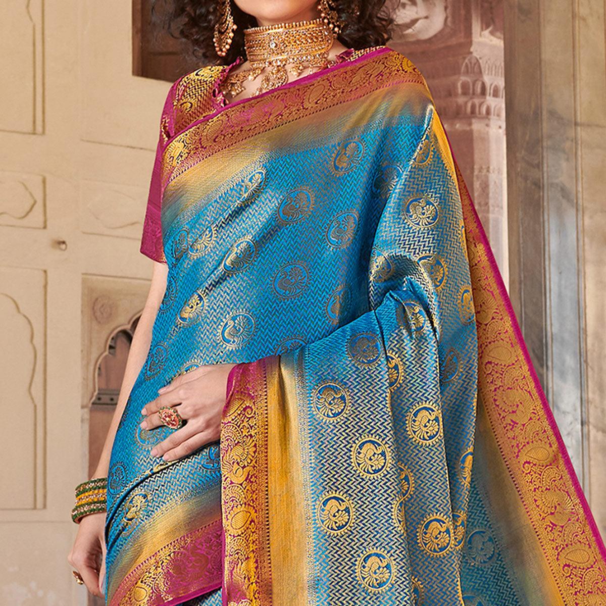 Blooming Blue Colored Festive Wear Woven Silk Saree - Peachmode