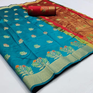 Blooming Blue Colored Festive Wear Woven Soft Silk Saree - Peachmode
