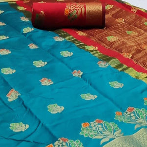 Blooming Blue Colored Festive Wear Woven Soft Silk Saree - Peachmode