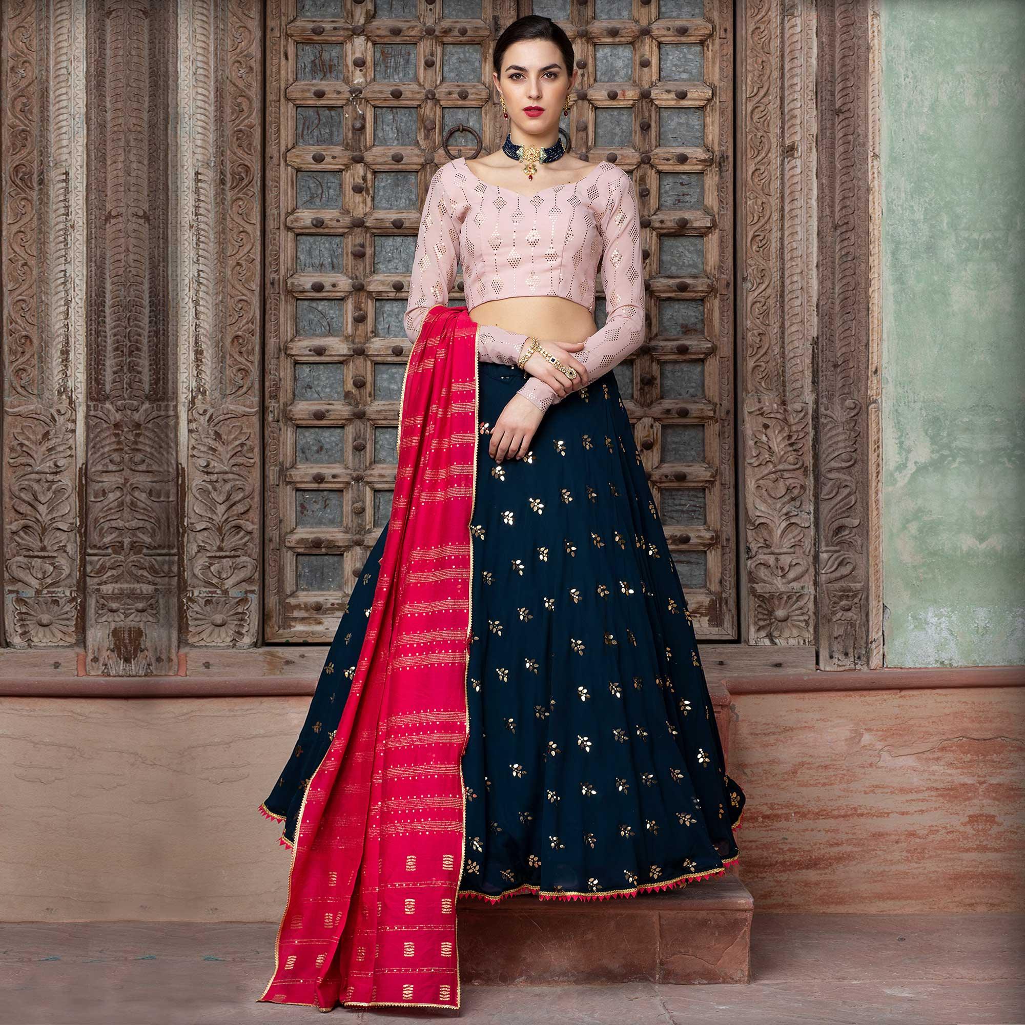 Blooming Blue Coloured Festive Wear Fancy Sequence Work Georgette Lehenga Choli - Peachmode