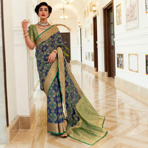 Blooming Blue Coloured Festive Wear Indian Patola Woven Silk Saree - Peachmode