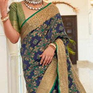 Blooming Blue Coloured Festive Wear Indian Patola Woven Silk Saree - Peachmode