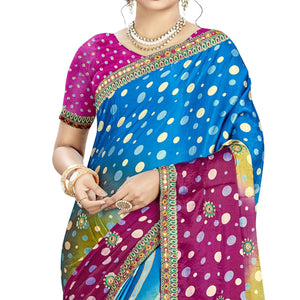 Blooming Blue - Purple Colored Casual Wear Printed Satin Saree - Peachmode