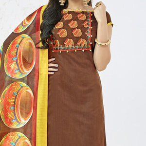 Blooming Brown Colored Casual Printed Chanderi Dress Material - Peachmode