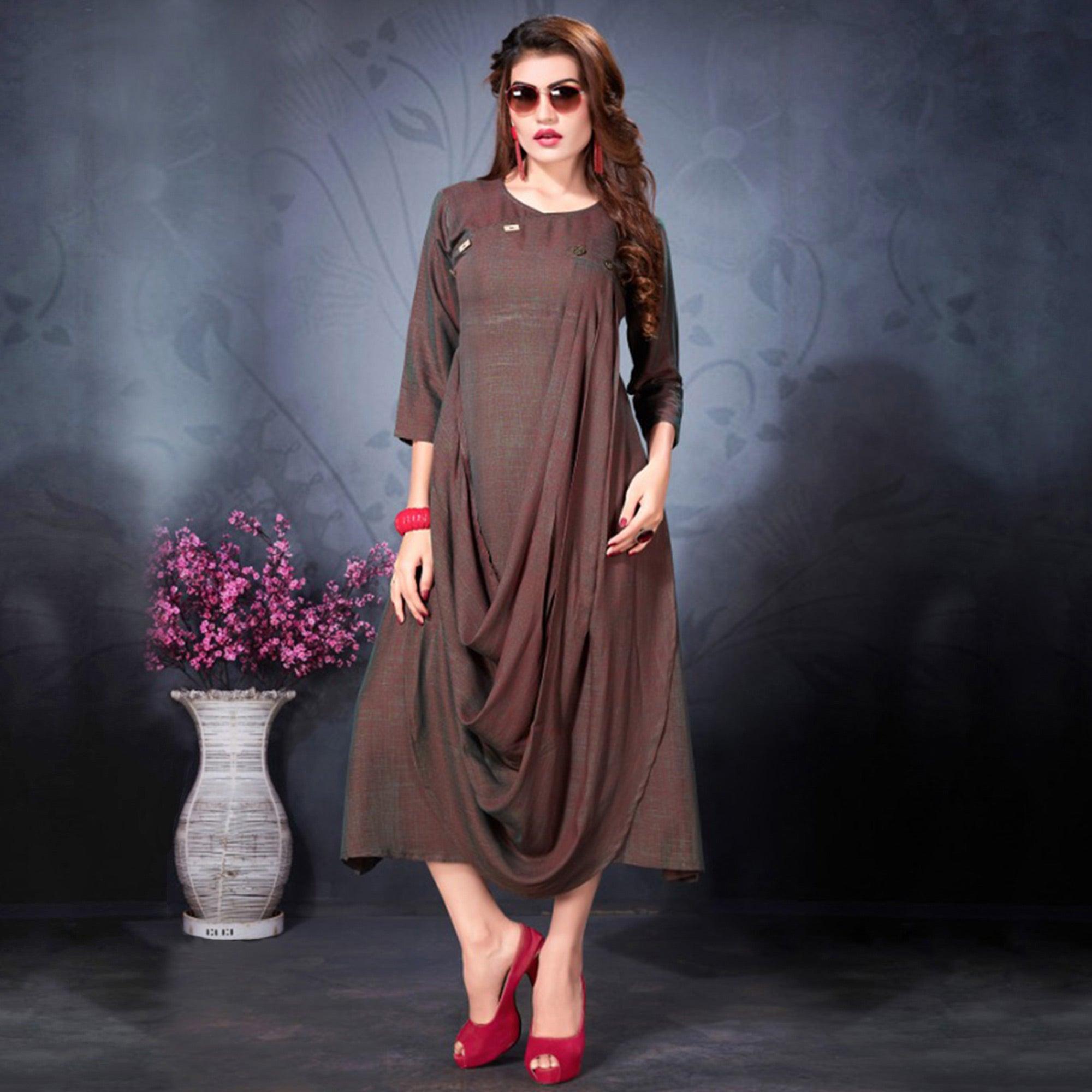 Blooming Brown Colored Partywear Heavy Rayon Fancy Kurti - Peachmode