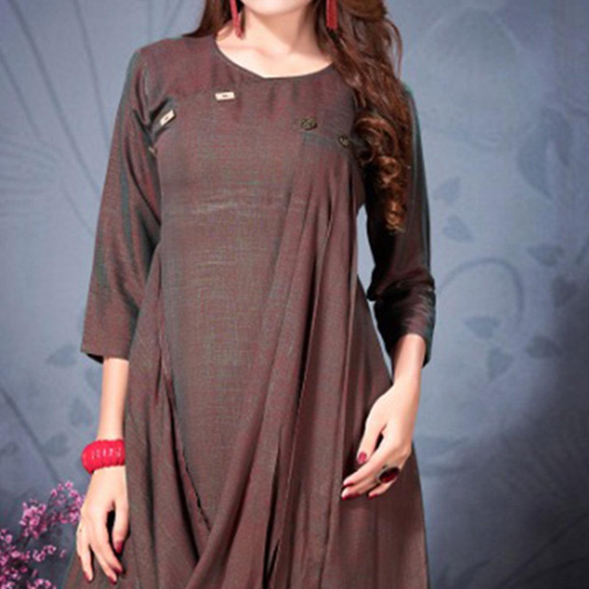 Blooming Brown Colored Partywear Heavy Rayon Fancy Kurti - Peachmode