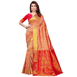 Blooming Coral Red Colored Festive Wear Woven Silk Saree - Peachmode