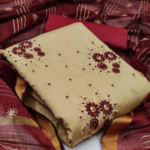 Blooming Cream Colored Casual Wear Embroidered Cotton Dress Material - Peachmode