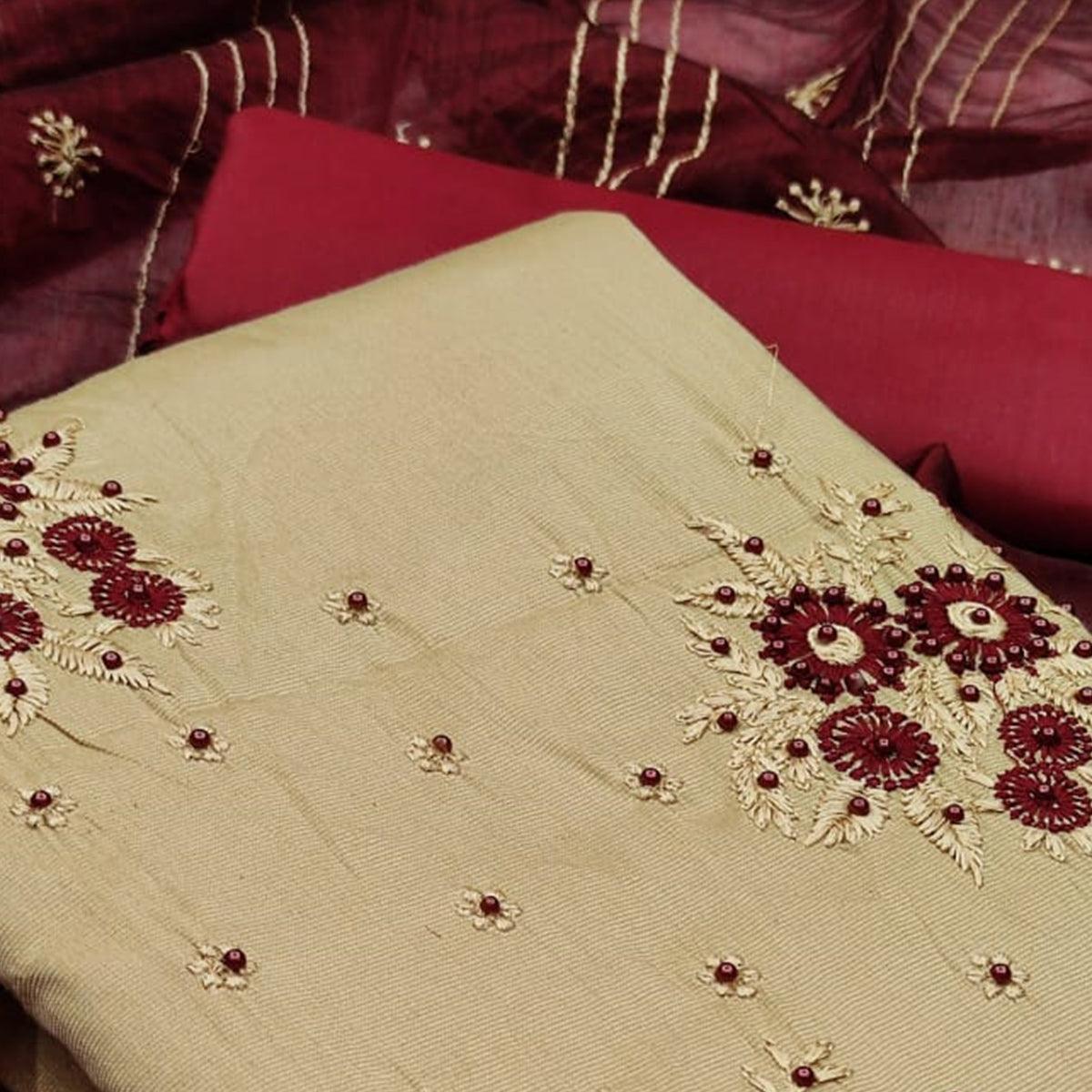 Blooming Cream Colored Casual Wear Embroidered Cotton Dress Material - Peachmode