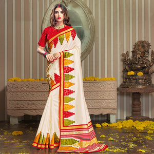 Blooming Cream Colored Festive Wear Patola Silk saree - Peachmode