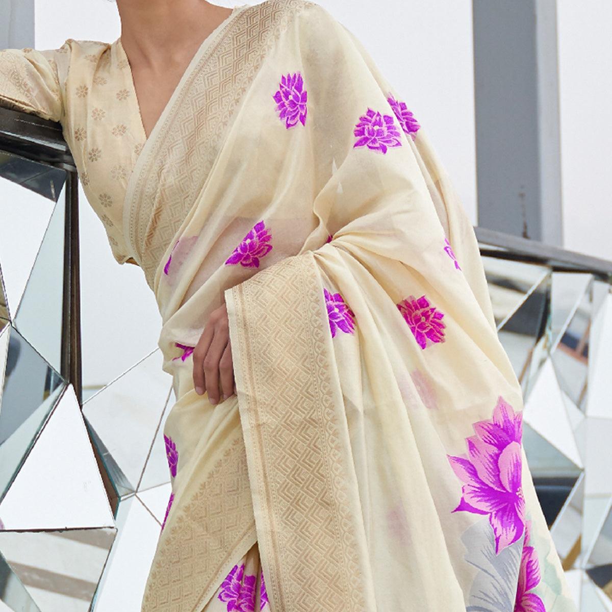 Blooming Cream Colored Festive Wear Printed Dola Weaving Art Silk Saree - Peachmode