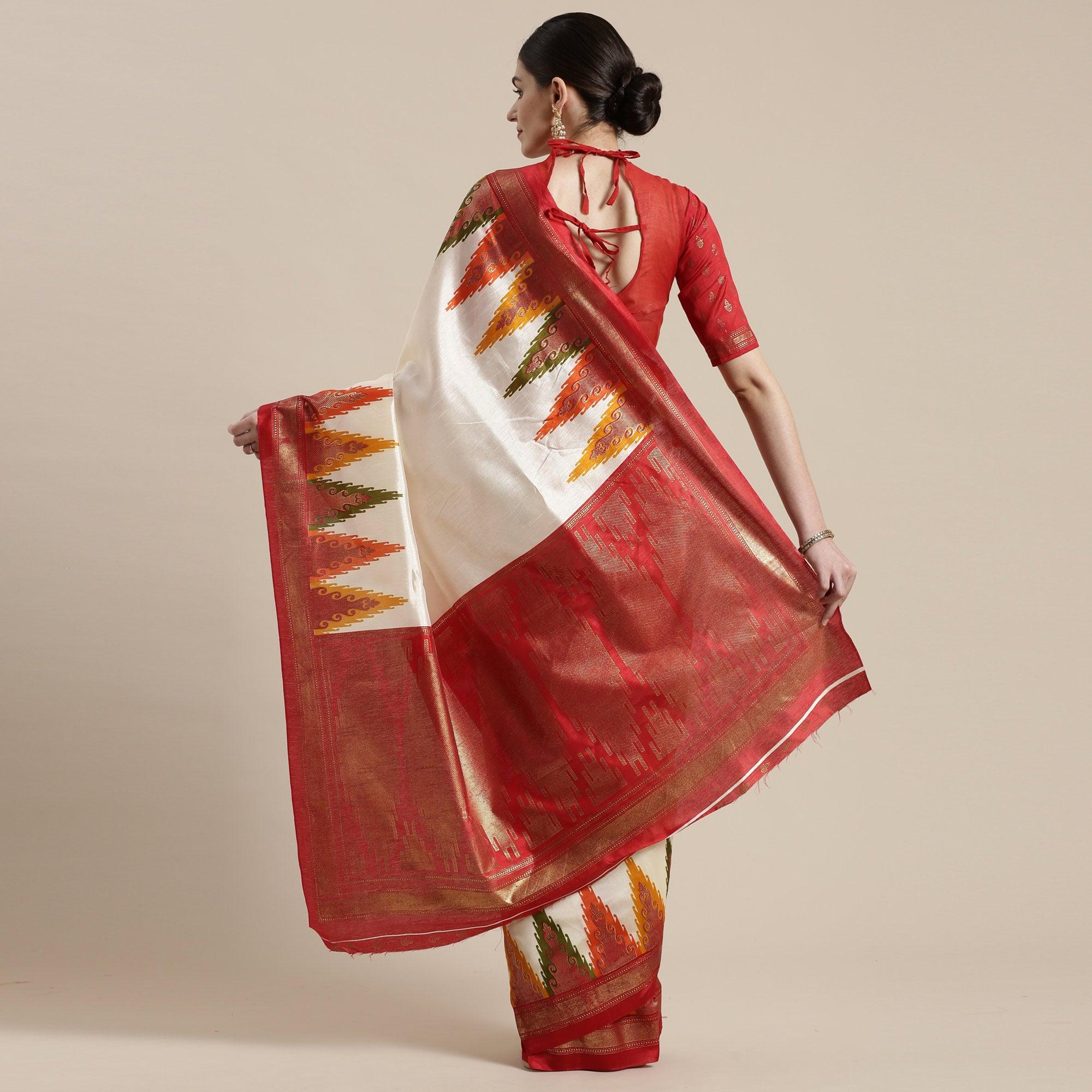Blooming Cream-Red Colored Festive Wear Tample Foli Print Patola Silk Saree - Peachmode