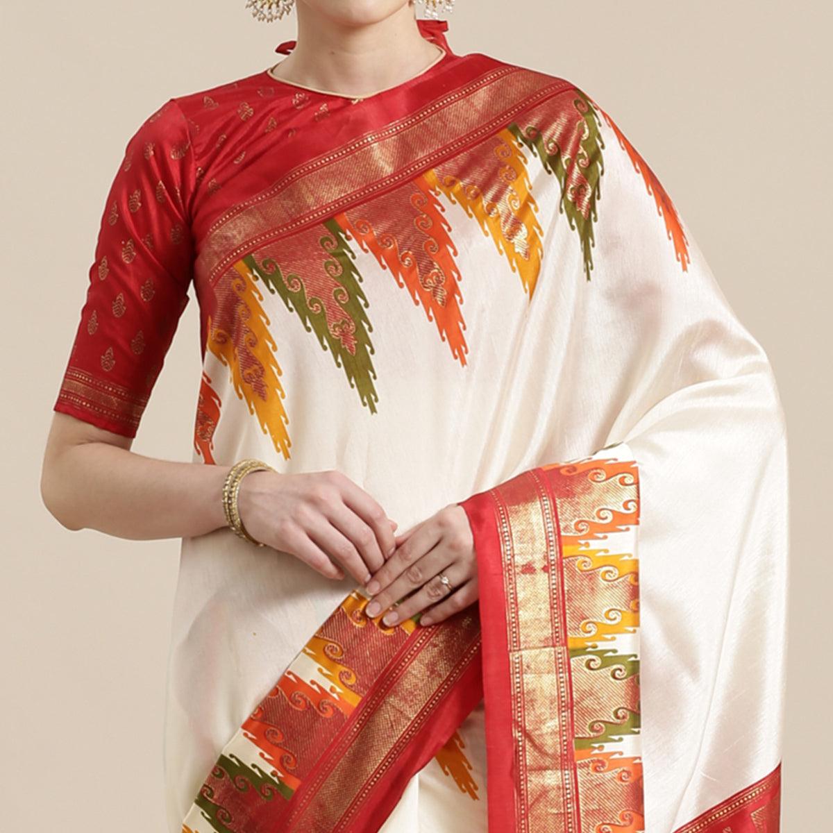Blooming Cream-Red Colored Festive Wear Tample Foli Print Patola Silk Saree - Peachmode