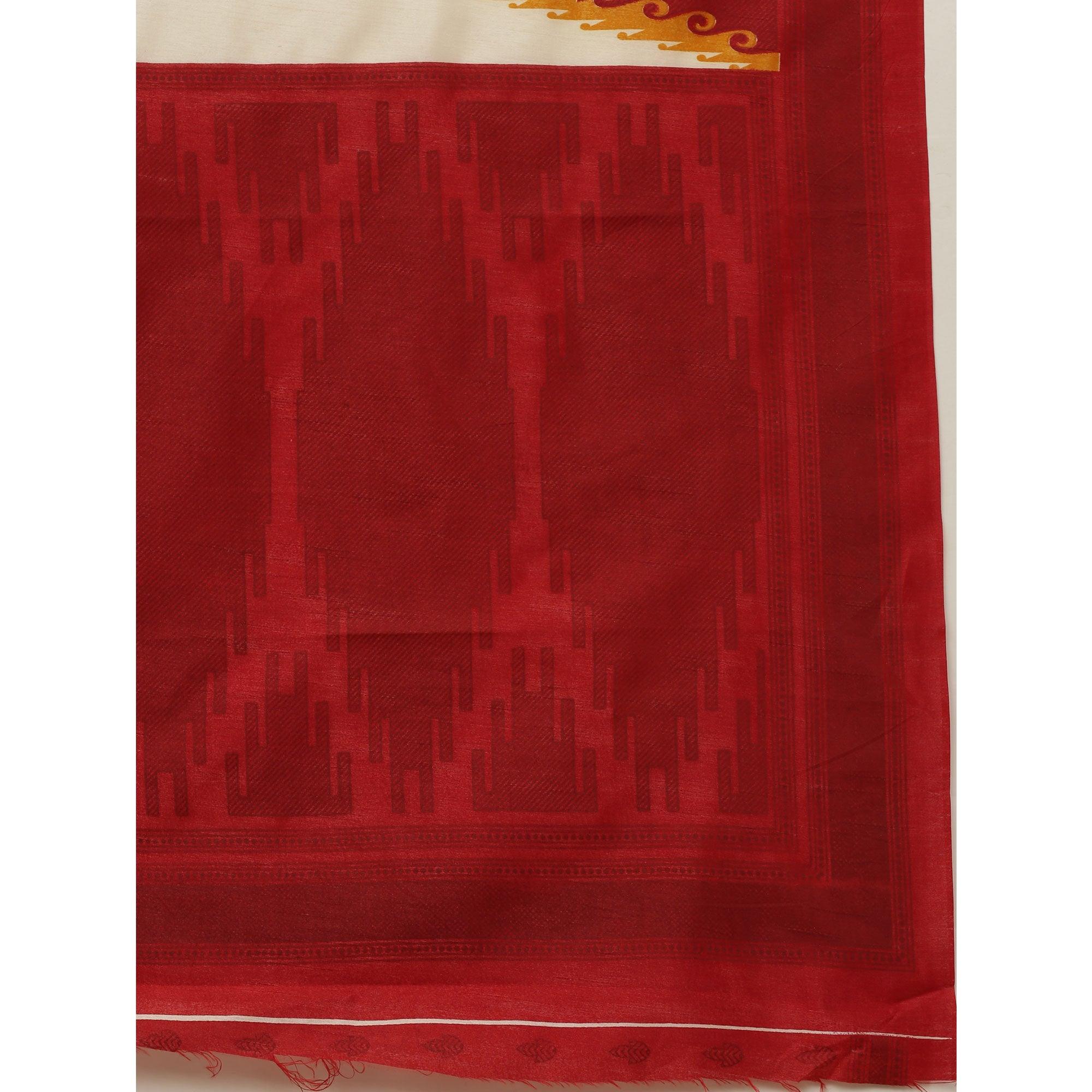 Blooming Cream-Red Colored Festive Wear Tample Foli Print Patola Silk Saree - Peachmode
