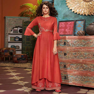 Blooming Dark Peach Colored Partywear Embroidered Two Tone Cotton Silk Slub Kurti Palazzo Set - Peachmode