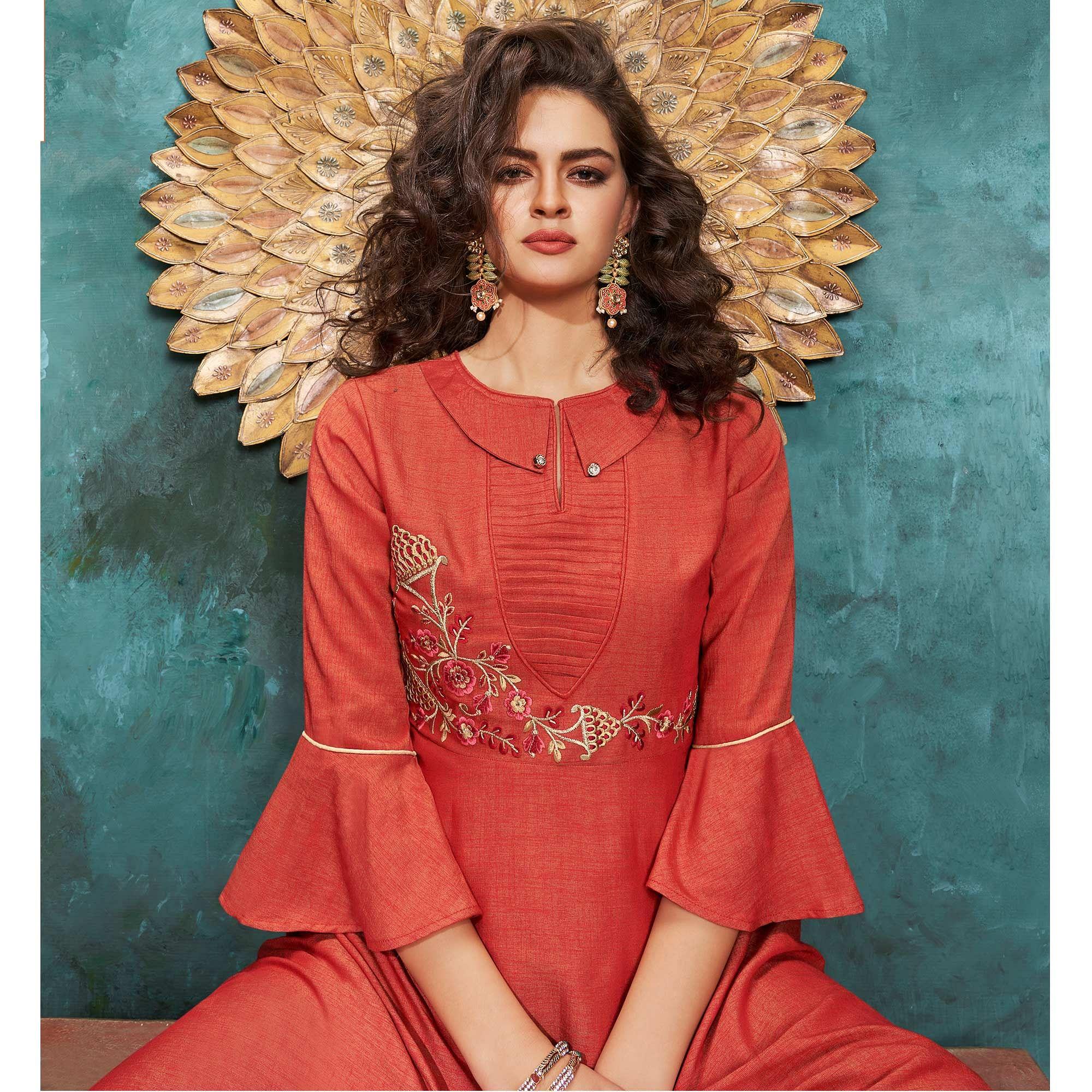 Blooming Dark Peach Colored Partywear Embroidered Two Tone Cotton Silk Slub Kurti Palazzo Set - Peachmode