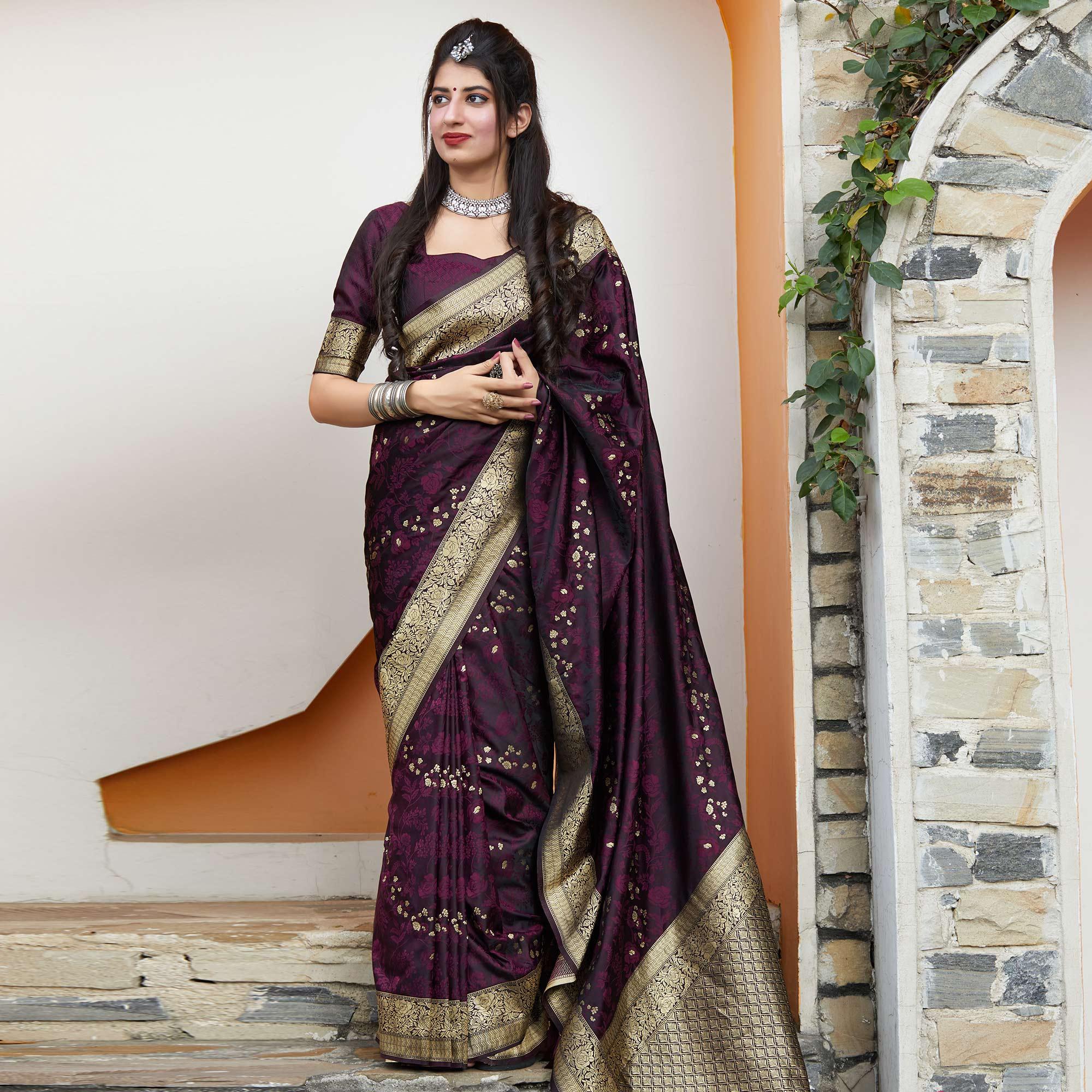 Blooming Dark Purple Colored Festive Wear Woven Banarasi Silk Saree - Peachmode