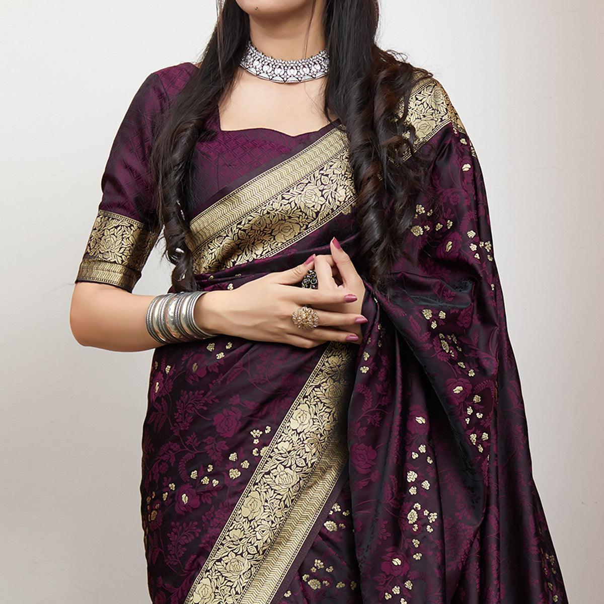 Blooming Dark Purple Colored Festive Wear Woven Banarasi Silk Saree - Peachmode