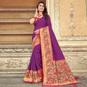 Blooming Dark Purple Colored Festive Wear Woven Silk Saree - Peachmode