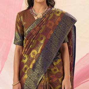 Blooming Green - Brown Colored Festive Wear Woven Soft Silk Saree - Peachmode