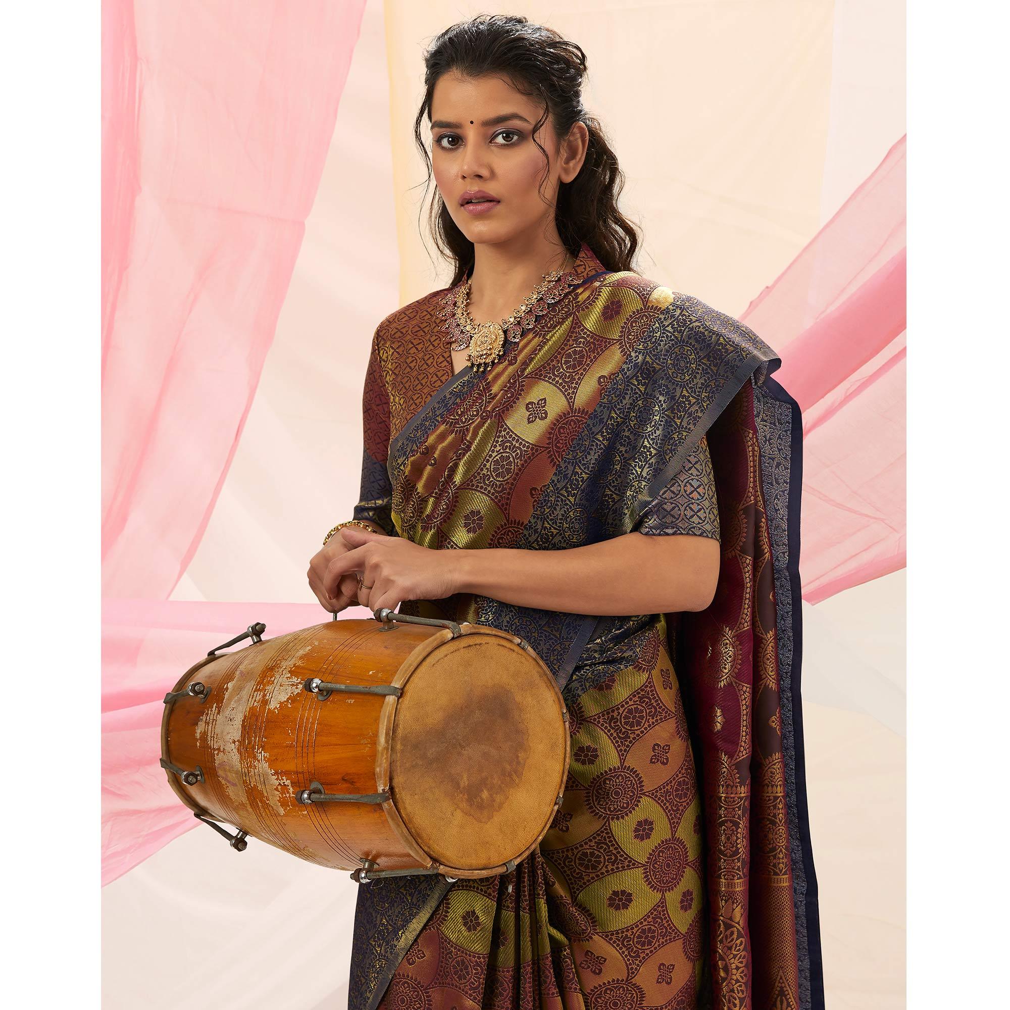 Blooming Green - Brown Colored Festive Wear Woven Soft Silk Saree - Peachmode