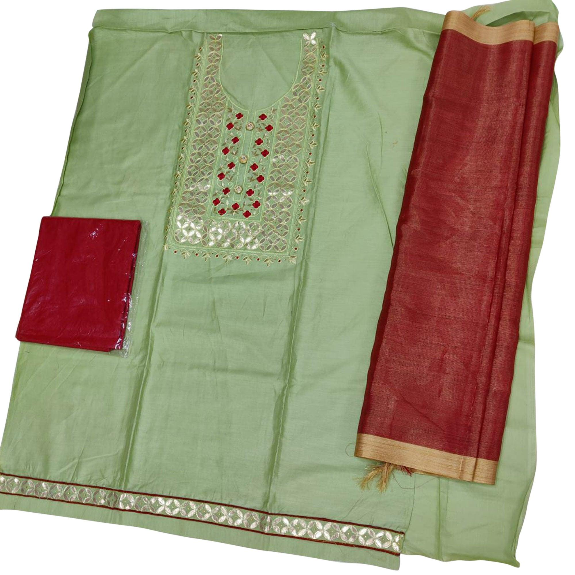 Blooming Green Colored Casual Embroidered Cotton Dress Material - Peachmode