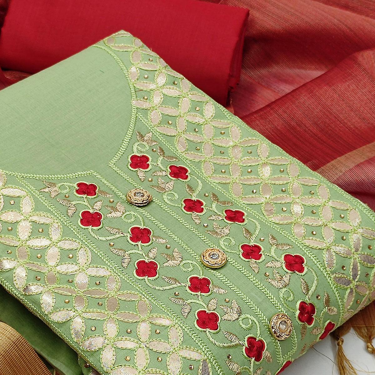 Blooming Green Colored Casual Embroidered Cotton Dress Material - Peachmode