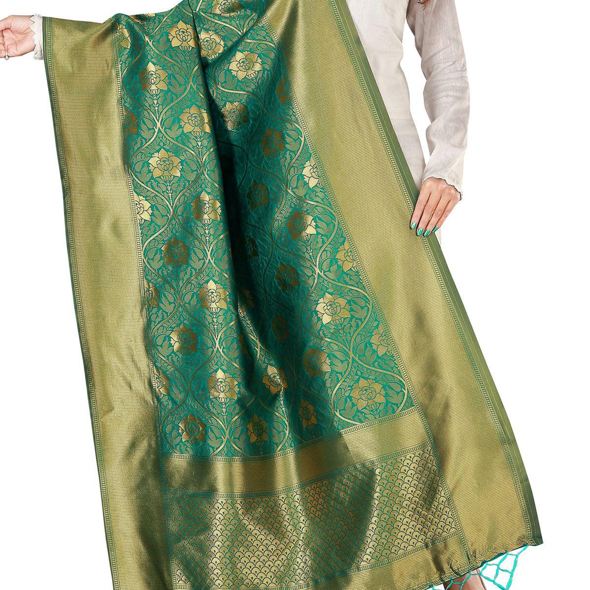 Blooming Green Colored Festive Wear Banarasi Silk Dupatta - Peachmode