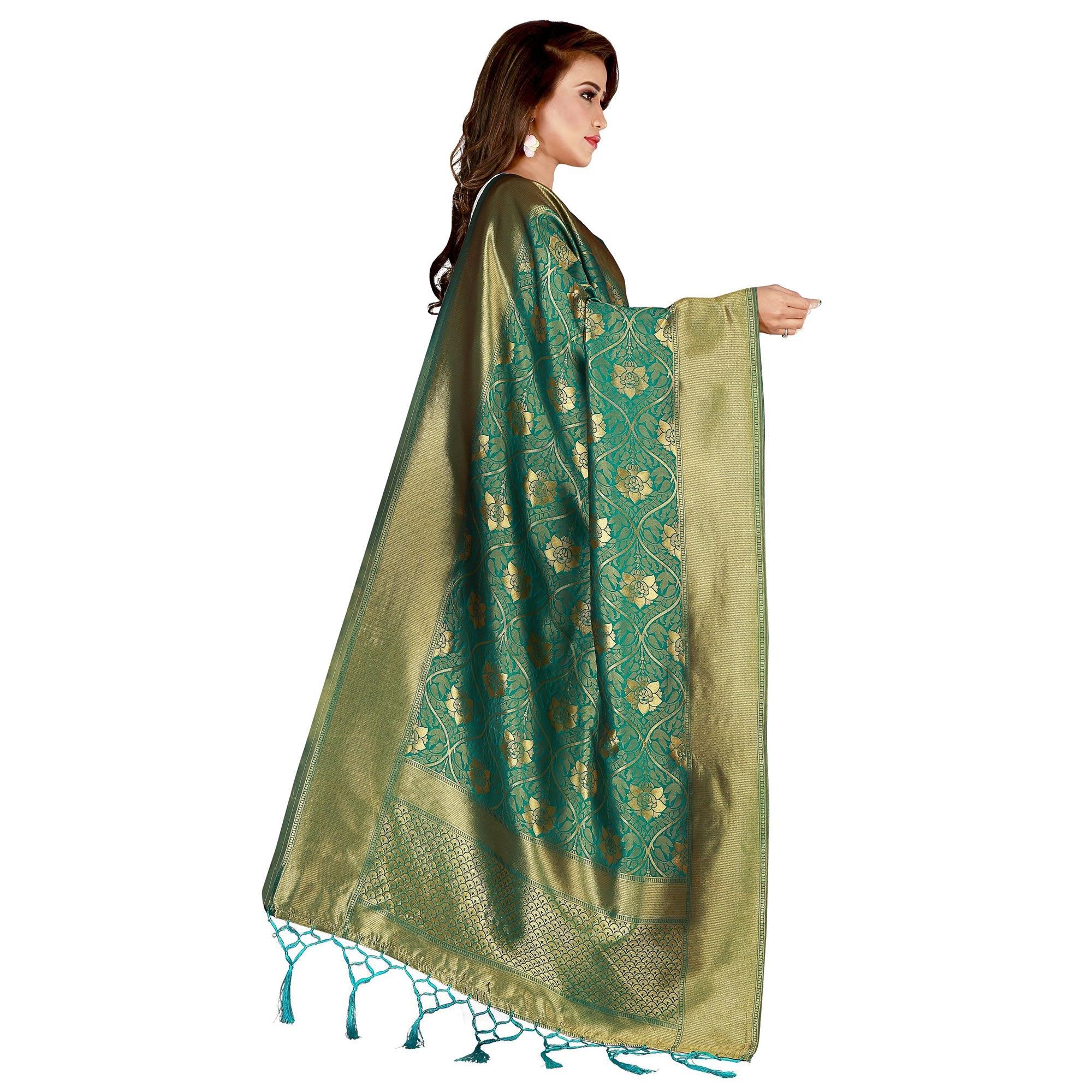 Blooming Green Colored Festive Wear Banarasi Silk Dupatta - Peachmode