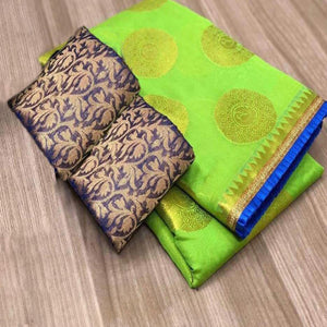 Blooming Green Colored Festive Wear Foil Printed Chanderi Silk Saree - Peachmode