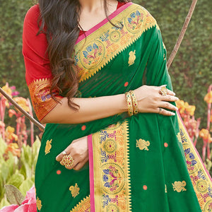 Blooming Green Coloured Partywear Woven Silk Saree - Peachmode
