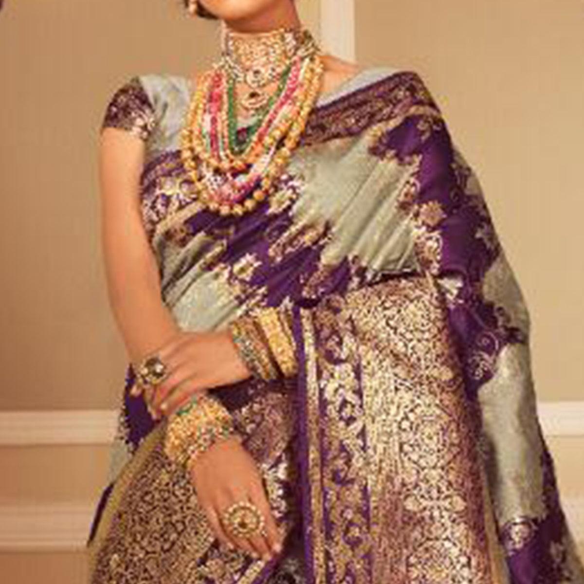 Blooming Grey & Purple Colored Festive Wear Woven Banarasi Silk Saree - Peachmode