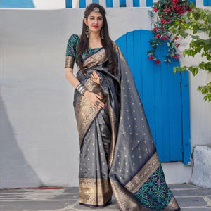 Blooming Grey Colored Festive Wear Woven Banarasi Art Silk Saree - Peachmode
