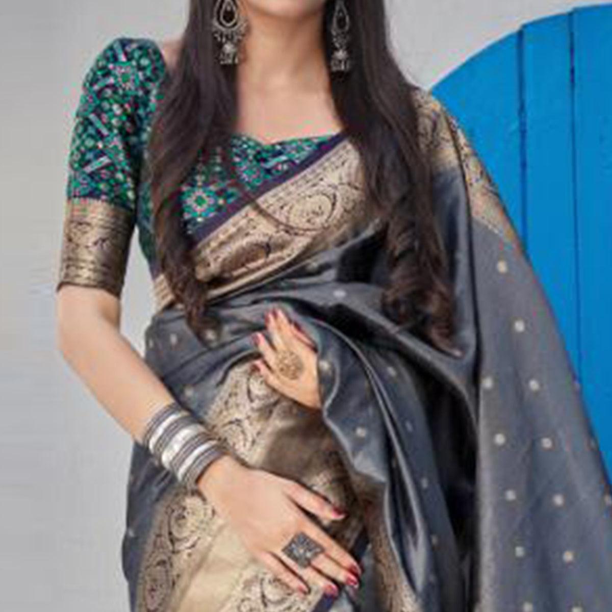 Blooming Grey Colored Festive Wear Woven Banarasi Art Silk Saree - Peachmode