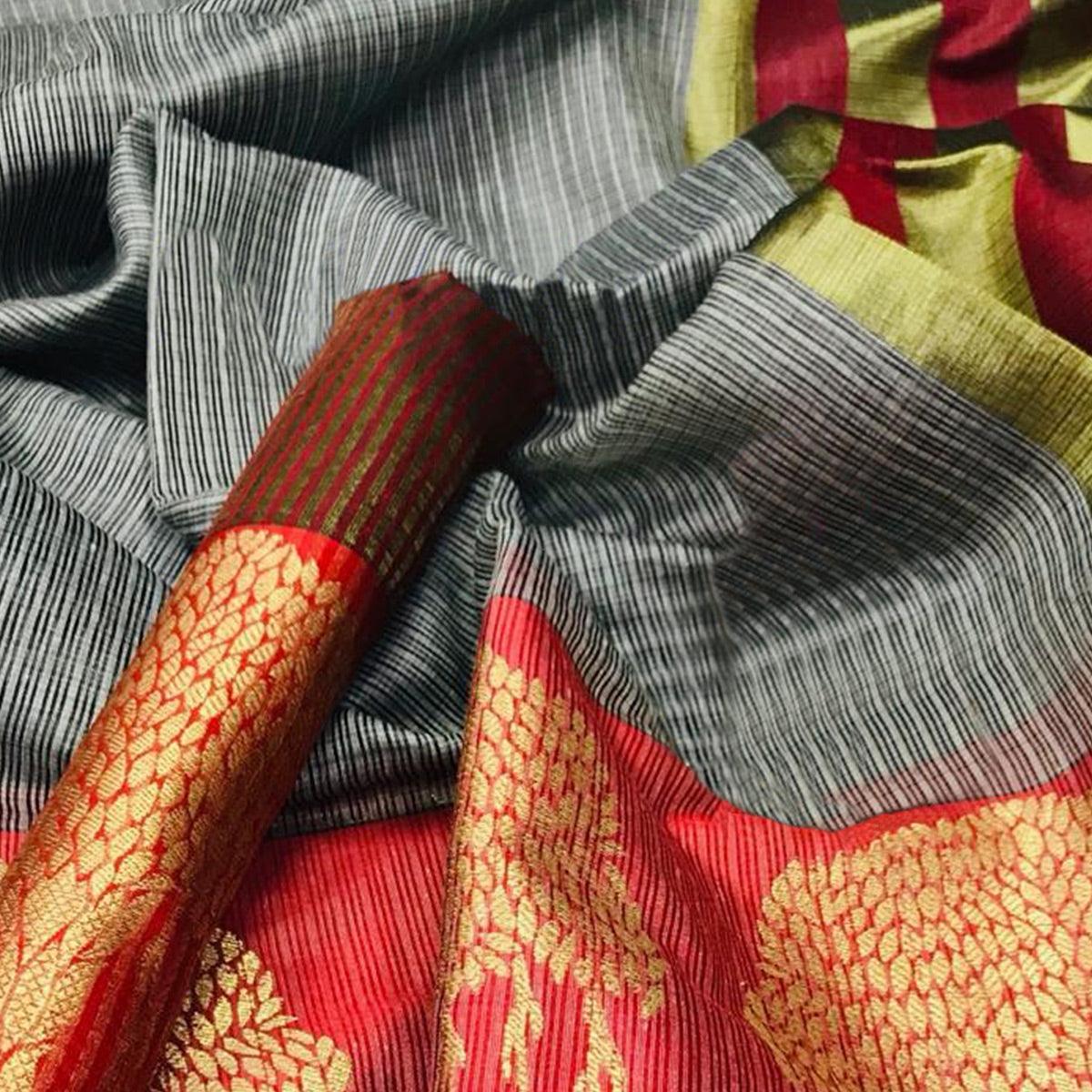 Blooming Grey Colored Festive Wear Woven Silk Saree - Peachmode