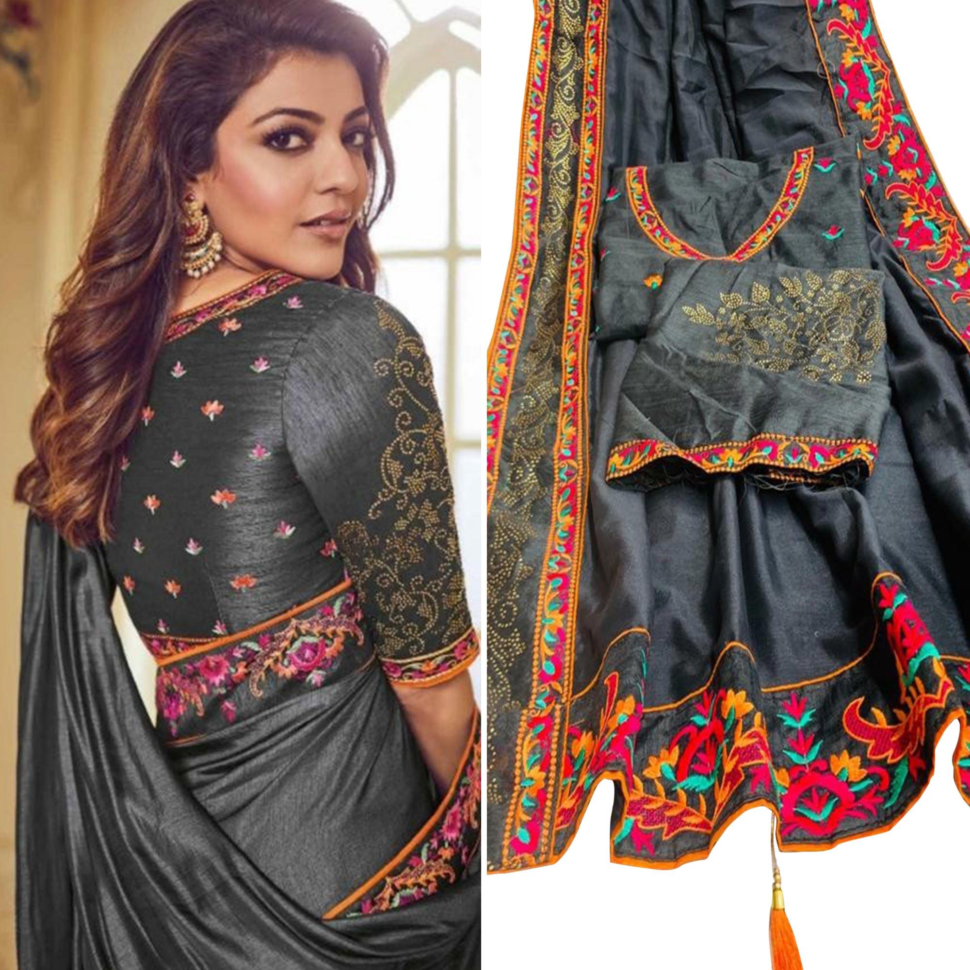 Blooming Grey Colored Party Wear Embroidered Art Silk Saree With Tassels - Peachmode