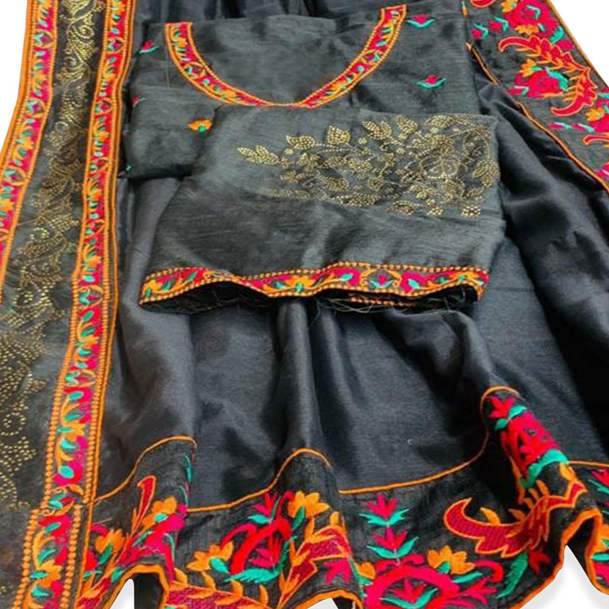 Blooming Grey Colored Party Wear Embroidered Art Silk Saree With Tassels - Peachmode