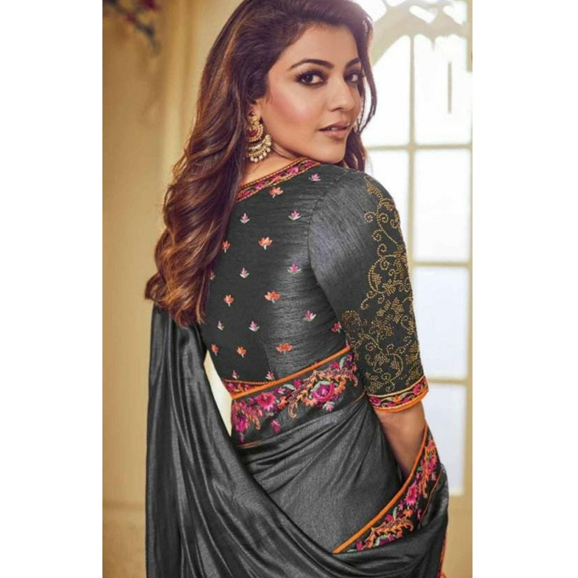 Blooming Grey Colored Party Wear Embroidered Art Silk Saree With Tassels - Peachmode