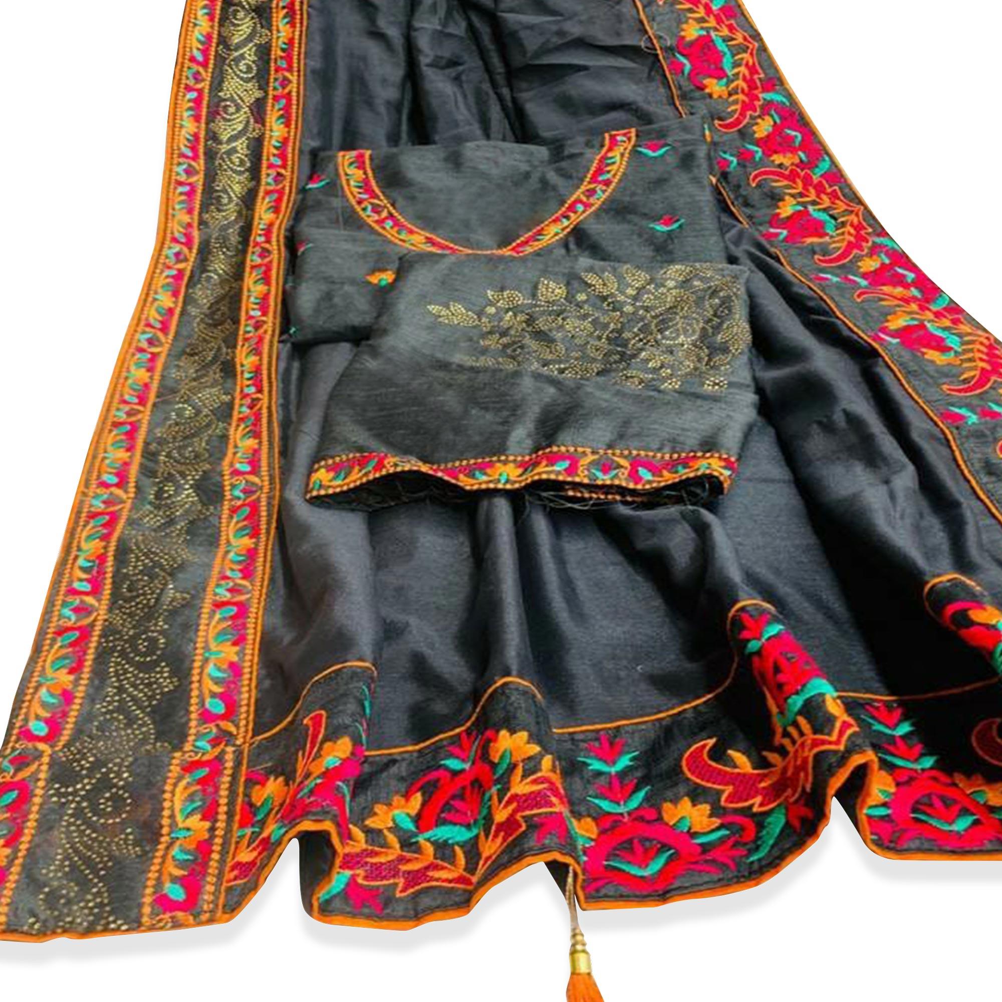 Blooming Grey Colored Party Wear Embroidered Art Silk Saree With Tassels - Peachmode