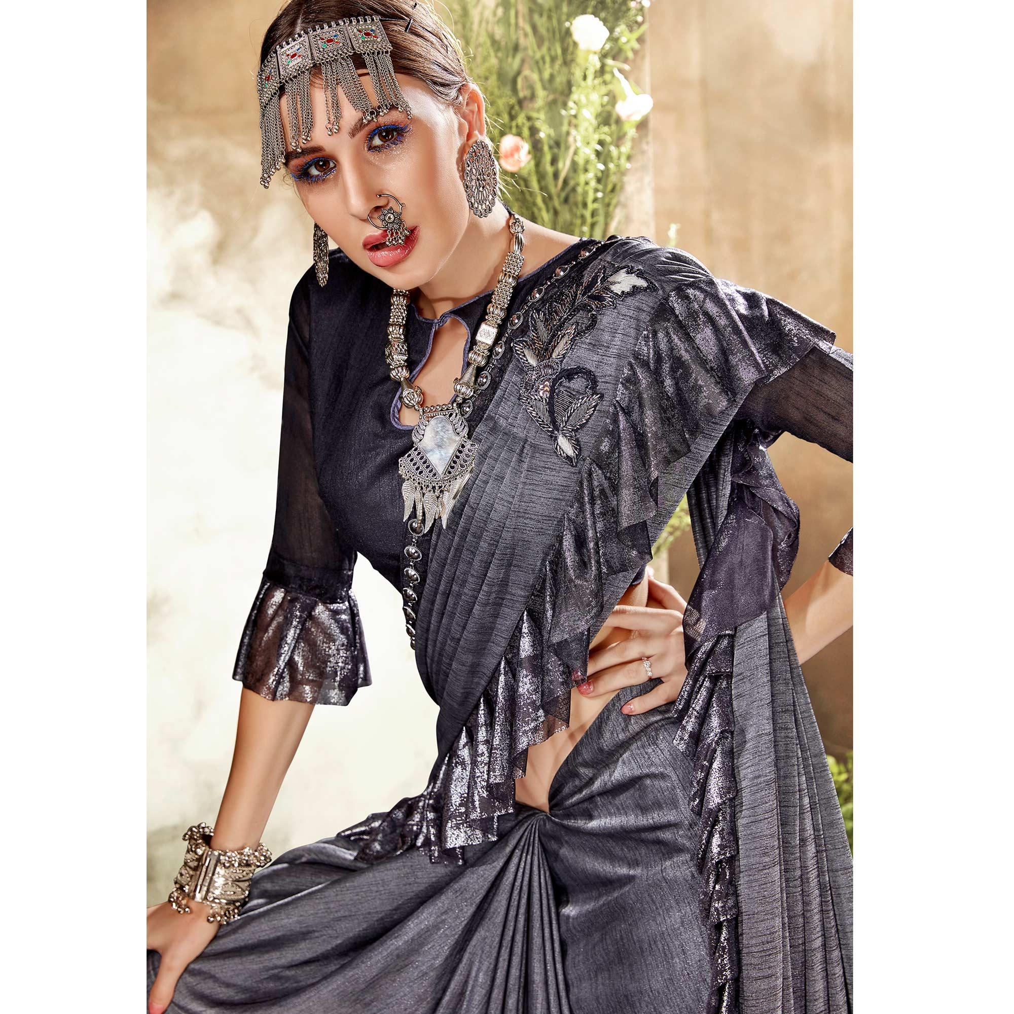 Blooming Grey Colored Party Wear Ruffle Art Silk Saree - Peachmode