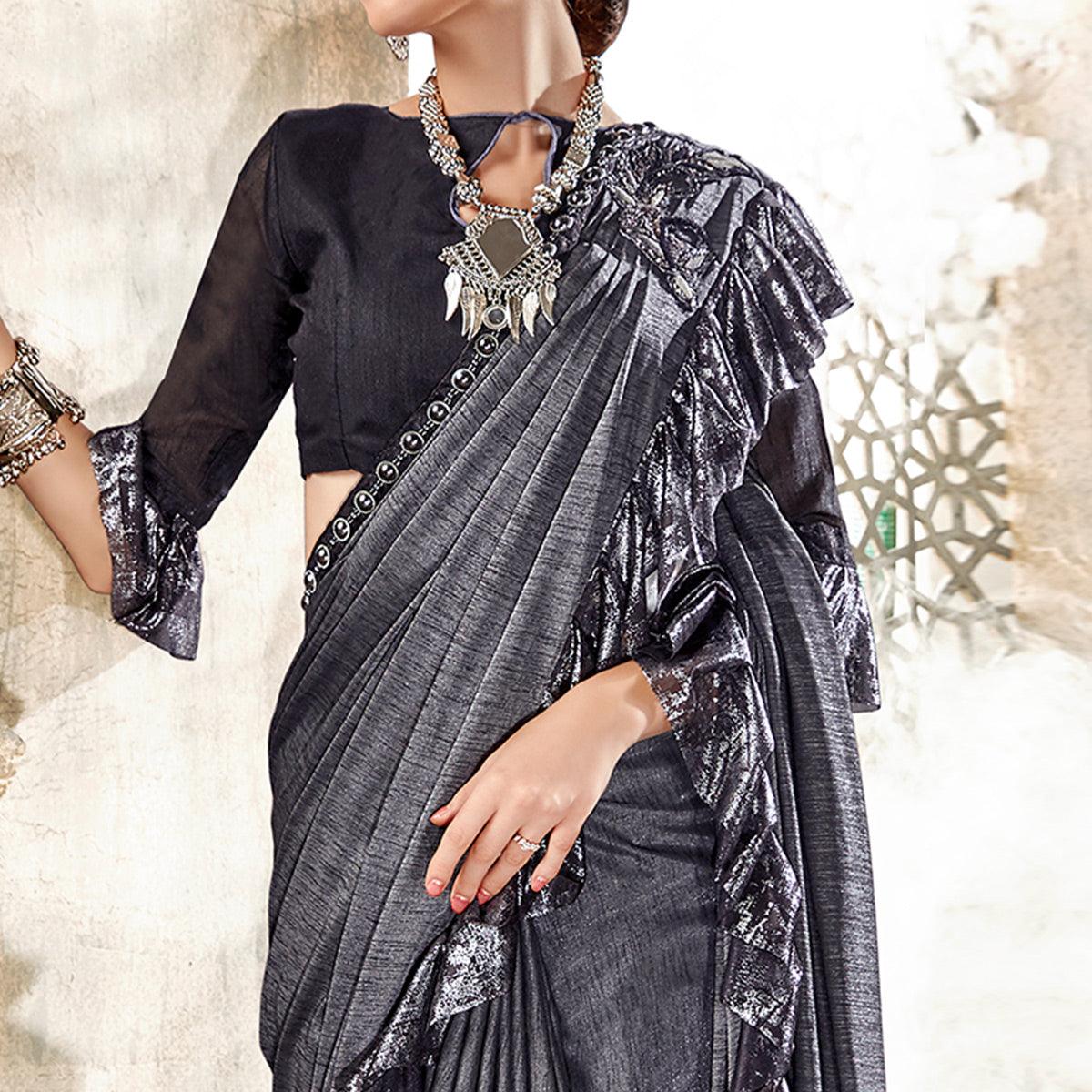 Blooming Grey Colored Party Wear Ruffle Art Silk Saree - Peachmode