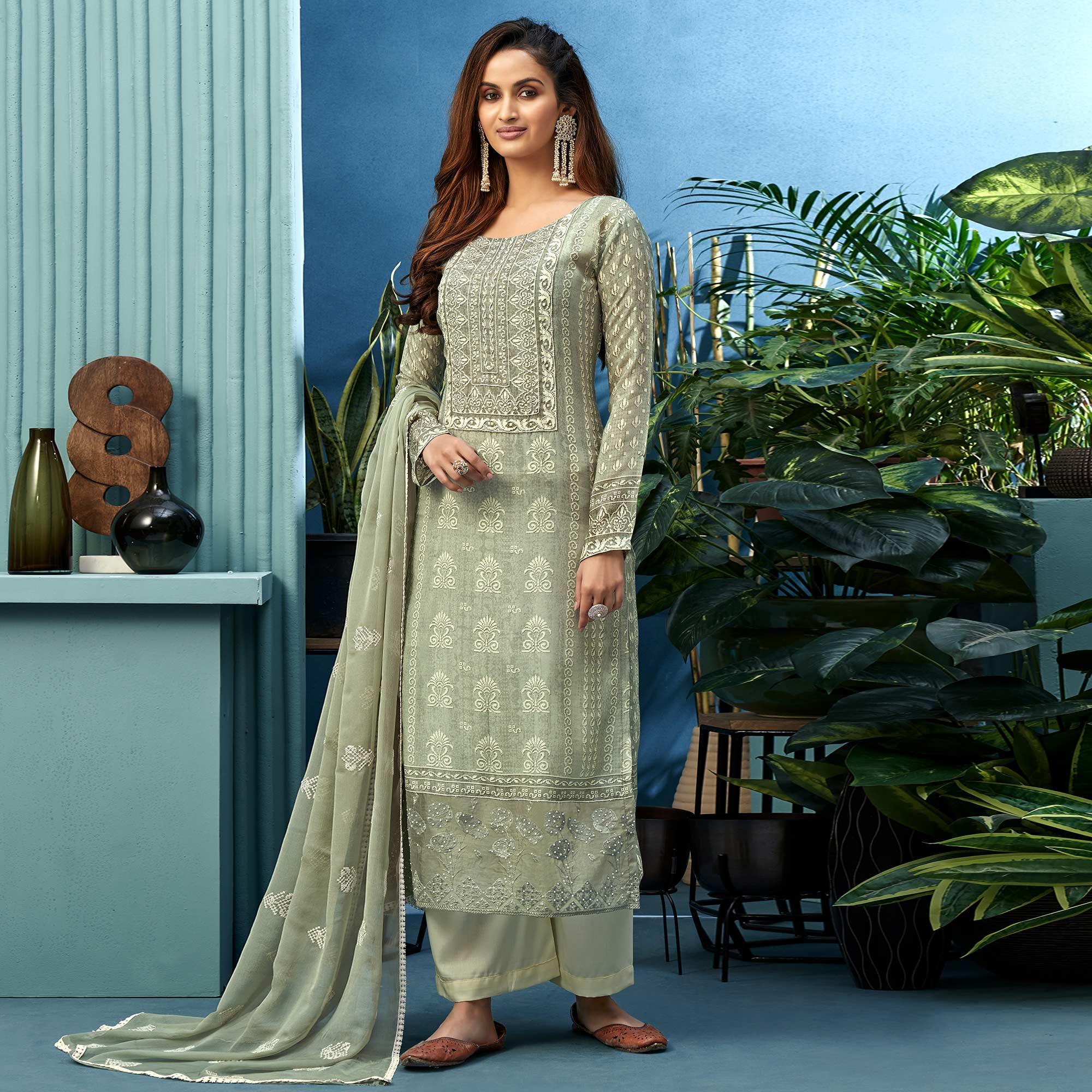 Blooming Grey Colored Partywear Digital Printed Pure Muslin Palazzo Suit - Peachmode