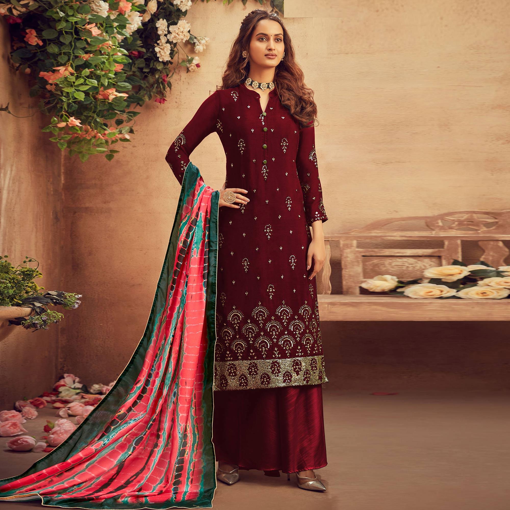 Blooming Maroon Colored Embroidered Designer Partywear Heavy Faux Georgette Suit - Peachmode