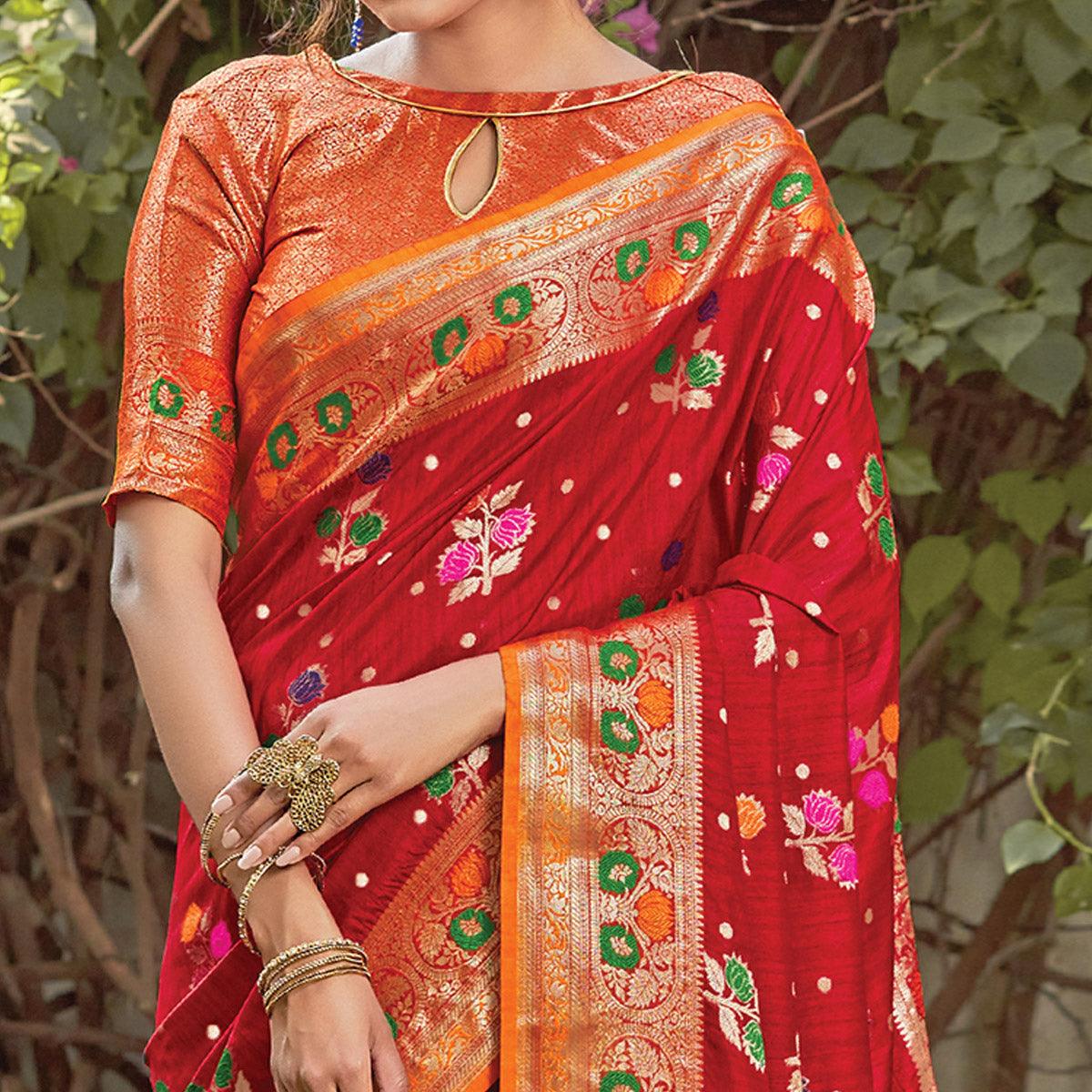 Blooming Maroon Colored Festive Wear Woven Silk Saree - Peachmode