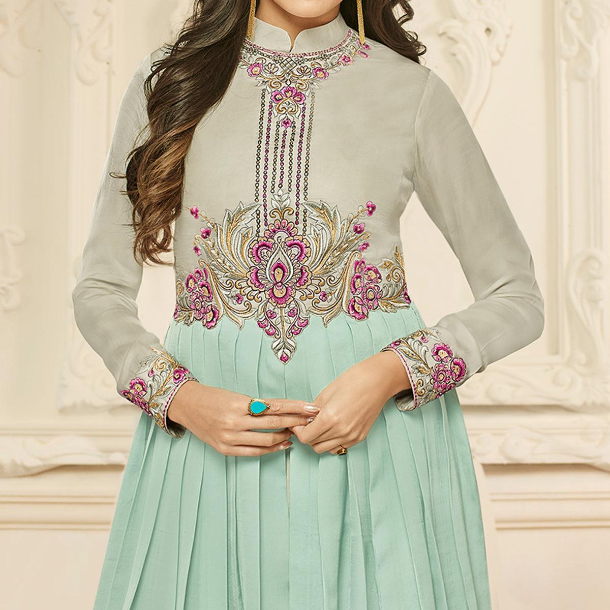 Blooming Mint Green Colored Party Wear Embroidered Satin Silk Gown - Peachmode