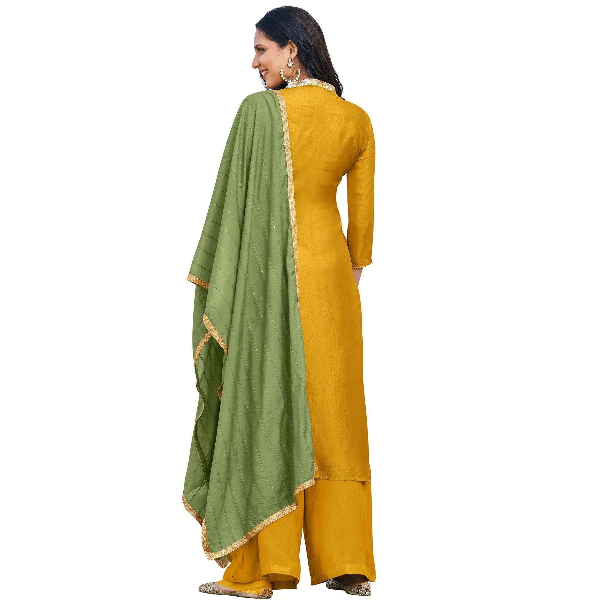 Blooming Mustard Yellow Colored Festive Wear Embroidered Art Silk Dress Material - Peachmode