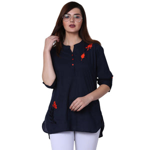 Blooming Navy Blue Colored Casual Wear Cotton Fancy Top - Peachmode