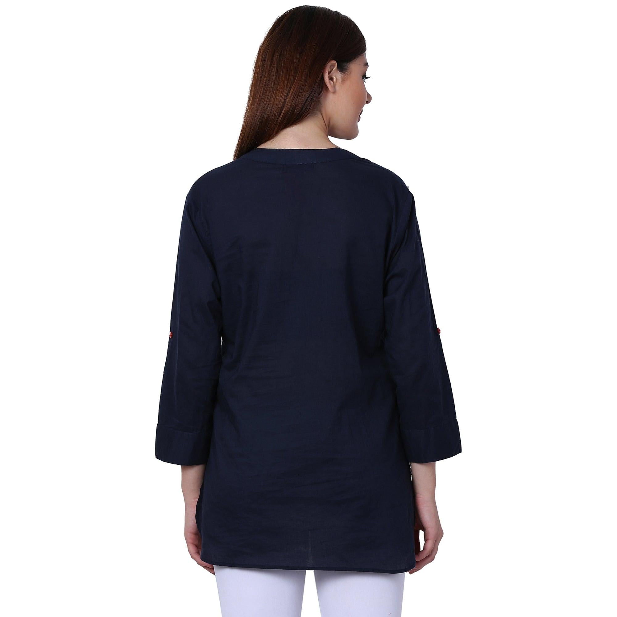 Blooming Navy Blue Colored Casual Wear Cotton Fancy Top - Peachmode