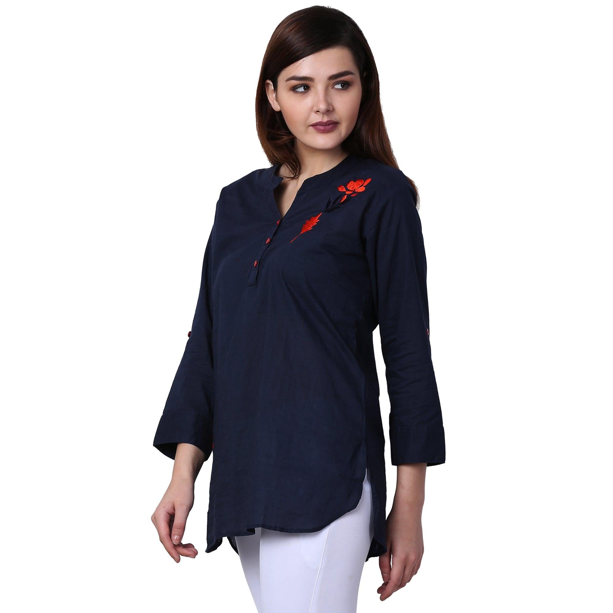 Blooming Navy Blue Colored Casual Wear Cotton Fancy Top - Peachmode