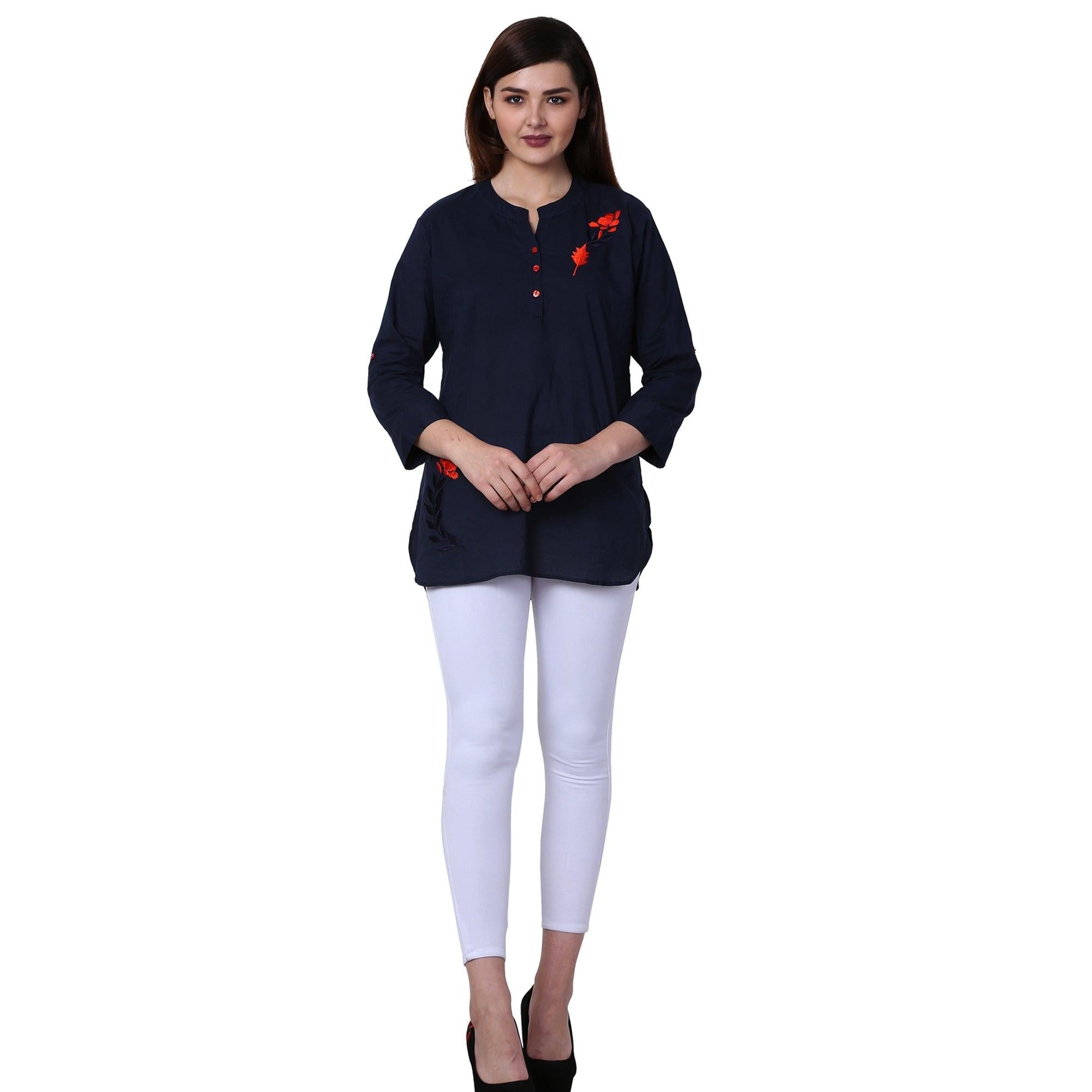 Blooming Navy Blue Colored Casual Wear Cotton Fancy Top - Peachmode